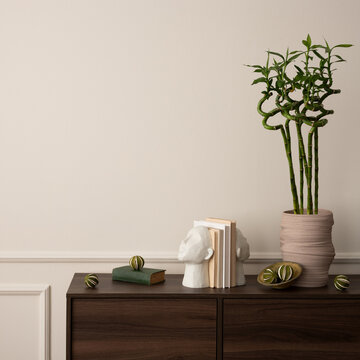 带留白空间的美观客厅室内设计，有木质边柜、插花花瓶、书籍、现代雕塑、带灰泥的米色墙面及个人装饰品。家居装饰模板