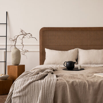 卧室室内创意构图，有舒适的床、米色床上用品、格子图案织物、带水罐和杯子的托盘、放有树枝的咖啡桌、黑色梯子以及个人配饰。家居装饰模板。