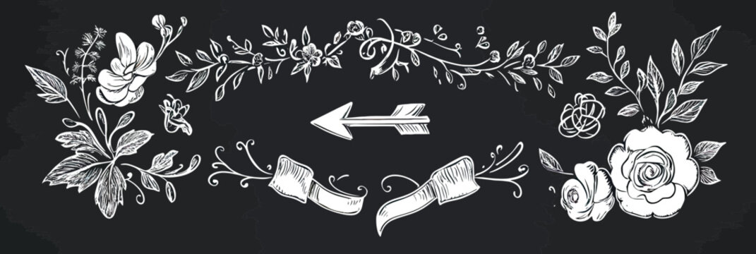 手绘白色花卉框架花环，带有复古箭头和丝带横幅，置于黑色黑板背景上的矢量插画装饰边框装饰元素