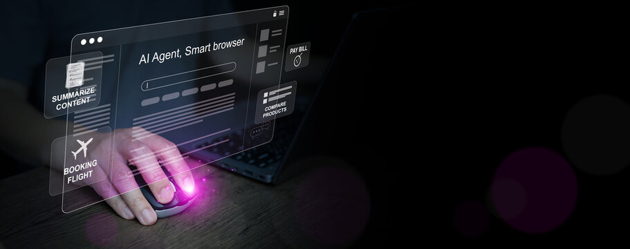 翻译：人工智能智能浏览器界面，展示手使用电脑鼠标通过人工智能来处理诸如预订航班、比较产品和支付账单等数字任务。