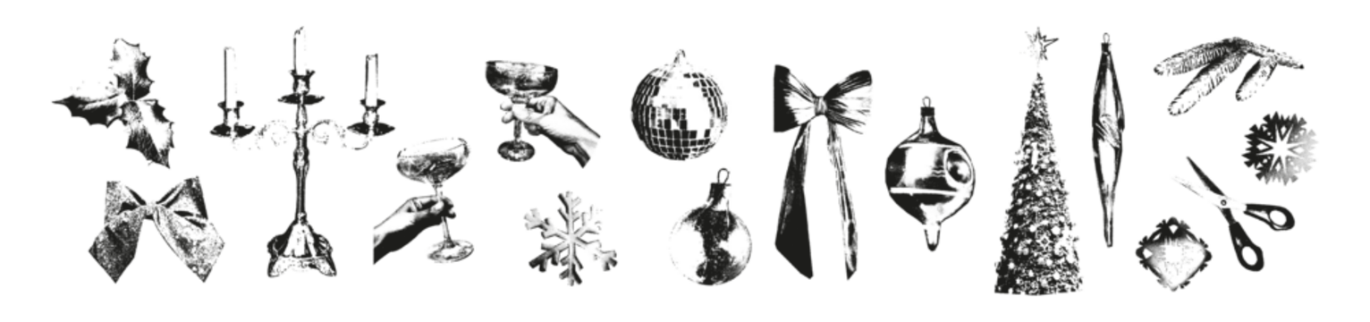 Stipple Christmas and New year design elements set. Vintage dotted stickers for punk winter holiday collage. Retro photocopy vector illustration with grunge gritty texture on transparent background 