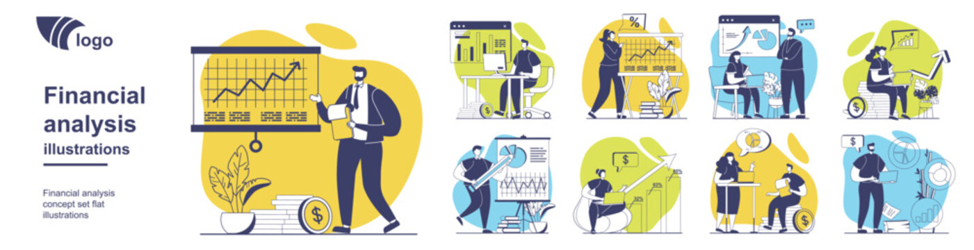 网页设计用财务分析概念集。包含人们处理数据、制作带统计数据的财务报告、制定带有利润增长进展的战略规划的图集。矢量插画