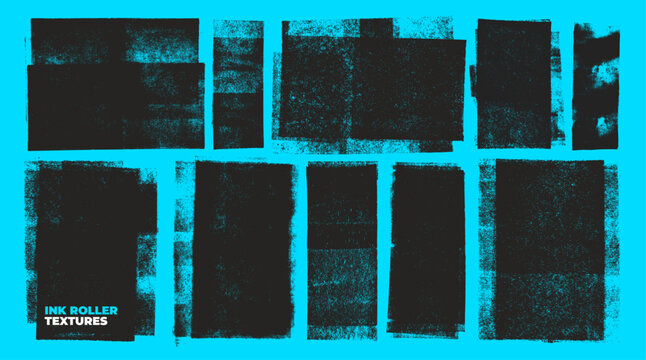 亮蓝色背景上的墨辊油毡印花纹理集，手绘版画叠加层