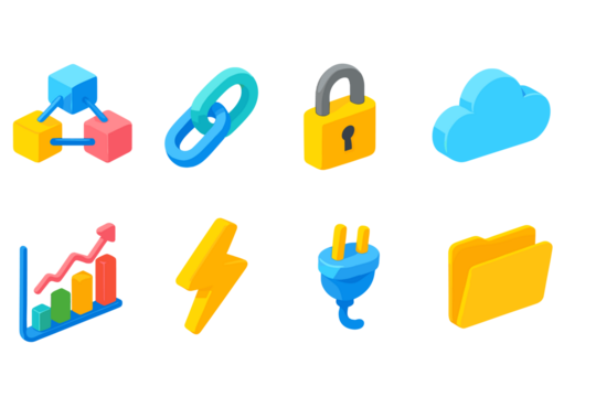 商业与科技3D图标集。网络、安全、金融图标集合。