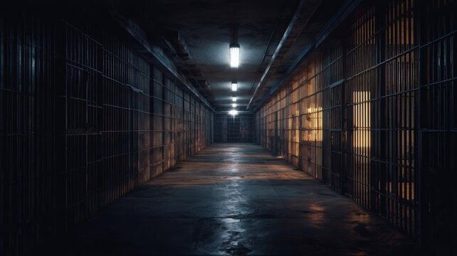 长长的监狱走廊，带有金属栏杆，昏暗的灯光在墙壁和地面上投射出阴影。透视效果营造出深度和空旷感。氛围寒冷且令人心生恐惧。由神经网络人工智能生成