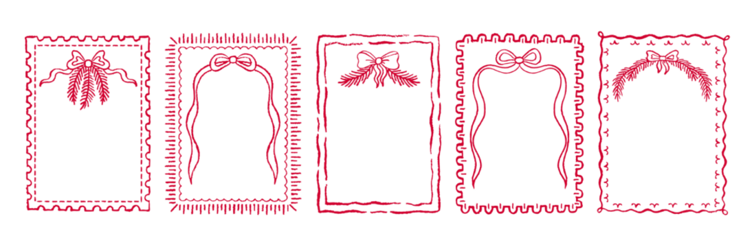 Whimsical Сhristmas menu frame. Bow ribbon border for Christmas menu. Whimsical Xmas doodle vintage vector. Hand drawn french party card. Cute drawing of bow ribbon, Xmas tree. Sketch retro holiday bg