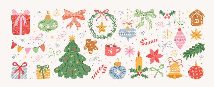 Christmas hand drawn cute vintage doodle elements. Christmas tree, gift, star, bows, candy cane, baubles, cacao, confetti, snowflake, holly. Holiday retro decorations. Vector illustration.