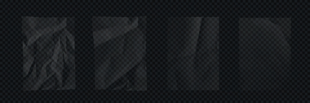 翻译标题：透明褶皱塑料质感。带有光反射的皱巴巴透明薄膜叠加组，以深色透明为背景。逼真的矢量插画。