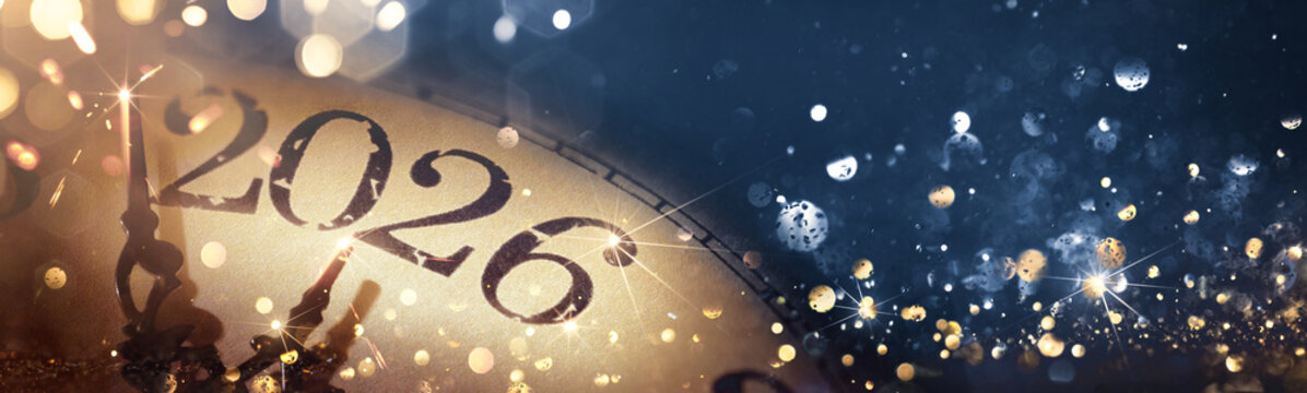 2026 年新年前夜庆祝活动背景图，带金色闪粉