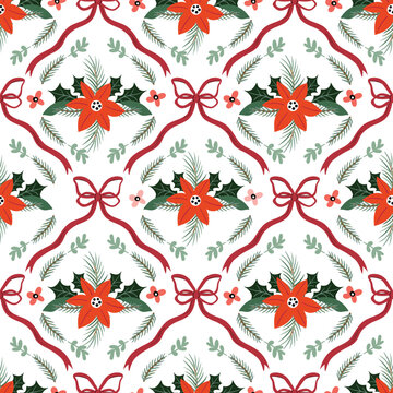 带有一品红花卉花束和少女风丝带的圣诞复古无缝图案、优雅花卉壁纸、节日背景