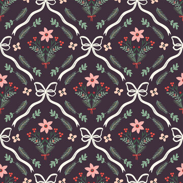 带有花束和复古少女丝带的圣诞复古无缝图案、优雅花卉壁纸、节日背景