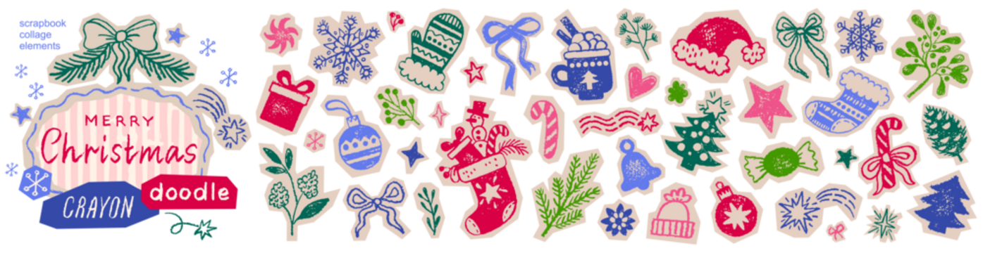 Christmas whimsical doodle icons. Xmas sticker illustration bg. Christmas collage and scrapbook set with frame. Xmas tree, Santa hat, bow, stockings, gift. Holiday whimsical vector pattern, winter fun