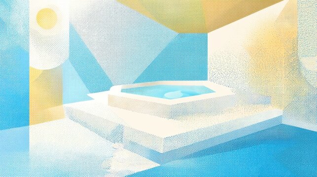 带有几何形状和充满活力的网点屏幕纹理的复古未来主义室内泳池环境