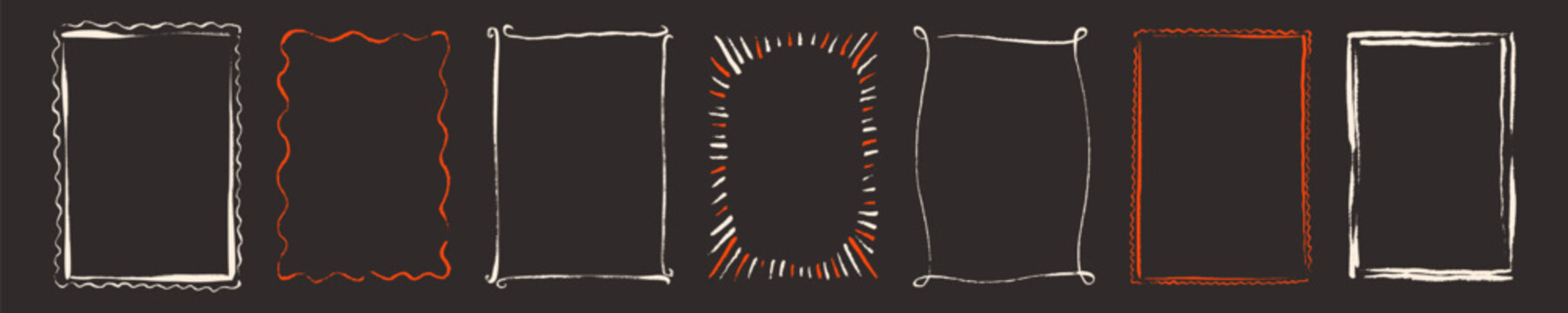 Set of chalk, crayon, charcoal, paint brush doodle hand drawn whimsical frames. Pastel scribble on the blackboard. Sketch border stamp for Christmas card, wedding, birthday, bachelorette invitation