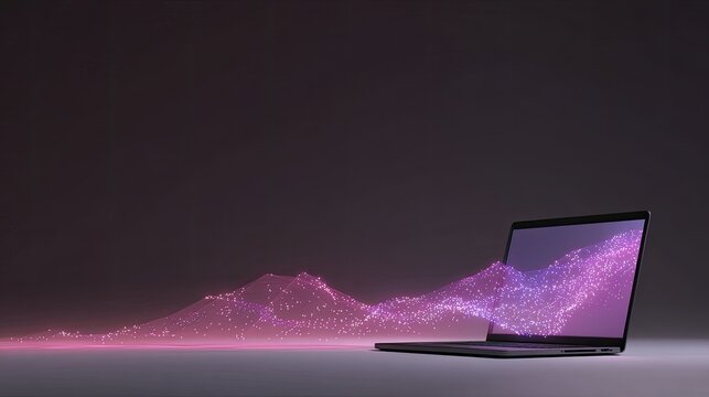 从笔记本电脑中散发出来的充满活力的数字波，在现代工作空间中营造出技术与创新的幻觉