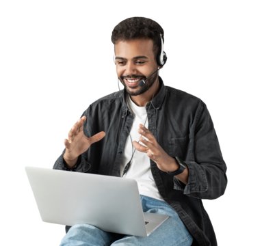 男子使用笔记本电脑，透明背景无干扰画面；男学生在线交流与学习，远程工作或学习场景，涉及商务、创意职业、线上会议、电子学习等