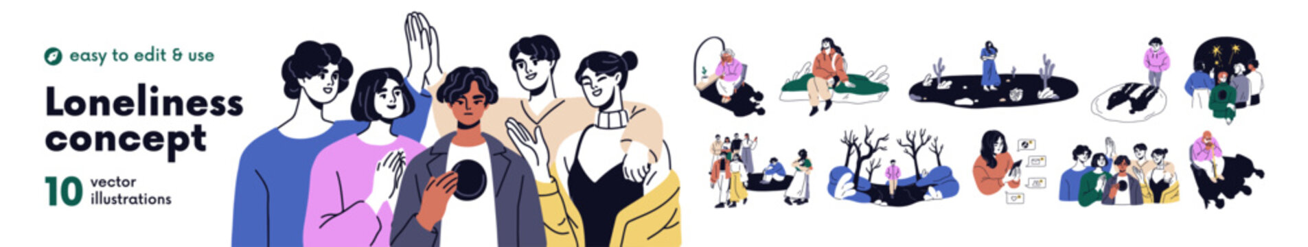 孤独的人在独处场景中感受悲伤。孤独心理学概念。孤独内向的角色，独自悲伤，被孤立。白色背景上的扁平图形矢量插画。