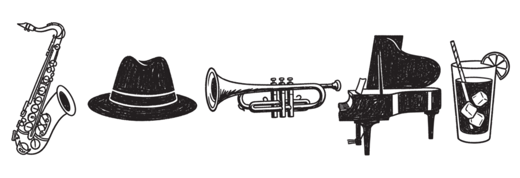 萨克斯管、软呢帽、小号、三角钢琴以及带吸管和柠檬片的鸡尾酒的黑色轮廓画，代表着爵士元素。