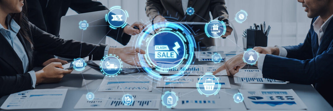 闪购图标展示电子商务、闪购折扣与数字促销，闪购推动顾客购物、闪购营销及转化增长，吸引顾客
