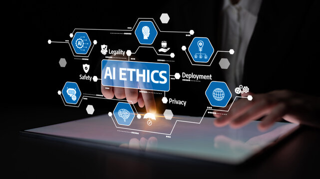 这张图片阐释了人工智能伦理的概念，强调了技术应用中的合法性、隐私和安全等关键方面。它倡导负责任的开发。