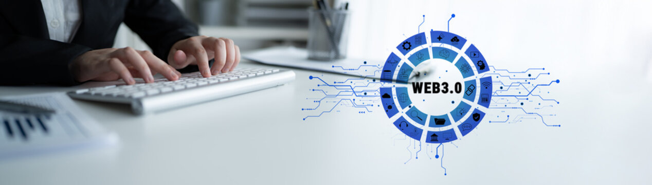 Web 3.0技术生态系统及其数字应用。展示下一代互联网各种组件的界面。主题