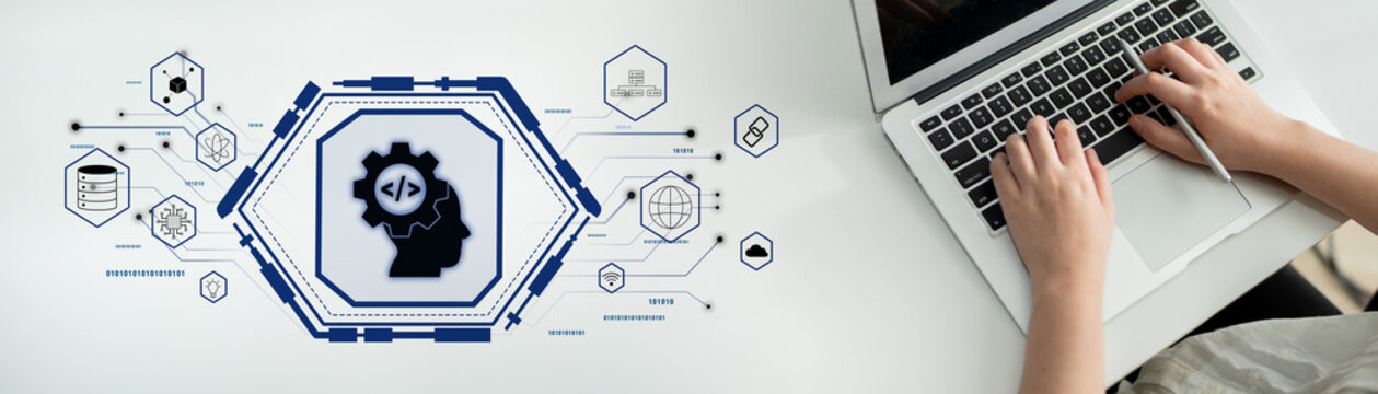 AI machine learning and software development for modern technology solutions. A concept of coding, data science, and algorithm engineering. Motif