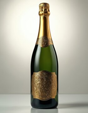 孤立背景上带有精致金色标签的优雅香槟瓶。用于派对、特殊活动庆祝的奢华酒精饮品。绿色玻璃容器搭配闪耀的金箔设计，华丽精美。