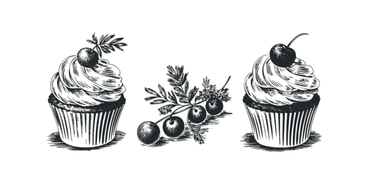 两只手绘纸杯蛋糕与樱桃枝