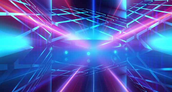 翻译标题：空舞台背景，霓虹灯光，迪斯科风格