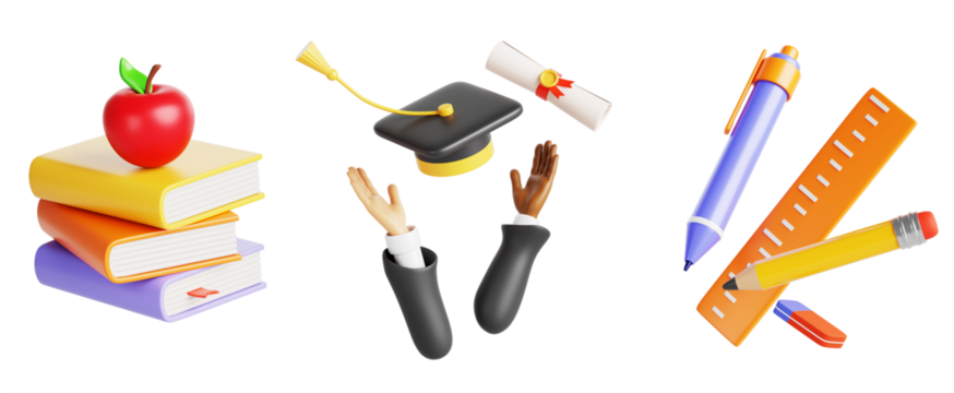3D学校与教育图标渲染套装：带苹果的书堆、快乐学生抛毕业帽和文凭卷轴的手、文具用品（钢笔、铅笔、尺子、橡皮）