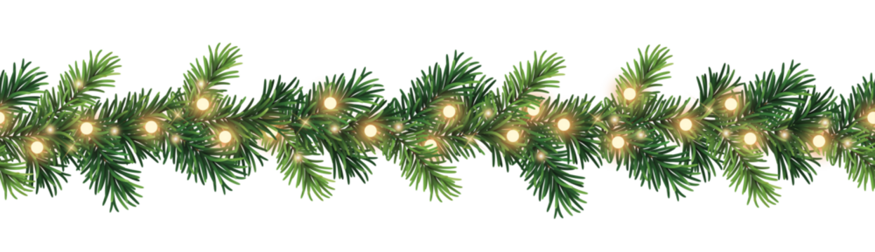白色背景上带有发光灯和针叶树枝的无缝装饰性圣诞边框