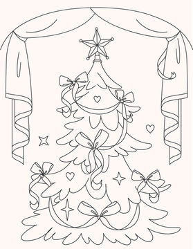 假日填色页，带有经典圣诞树装饰（包括饰品和蝴蝶结）的单色线稿插画。非常适合季节性项目