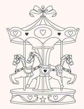 Outline illustration of a vintage carousel with detailed horses. A charming monochrome line art drawing, perfect for a holiday coloring book page, childish designs, amusement park themes