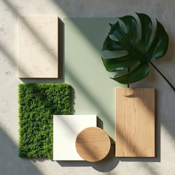 情绪板展示环保材料。使用了再生混凝土、天然石材、绿墙、木材。背景有龟背竹叶。可持续建筑材料概念。环保室内设计。