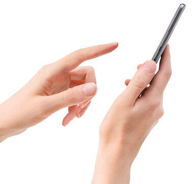 侧视图，白色纯色背景上女性的手在智能手机屏幕上点击