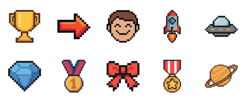 翻译标题：彩色像素艺术图标：奖杯、箭头、男性面孔、火箭、不明飞行物、钻石、奖章、蝴蝶结、土星