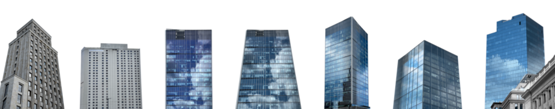 摩天大楼玻璃办公大楼。带有蓝色反光窗户、混凝土外立面的高大现代塔楼