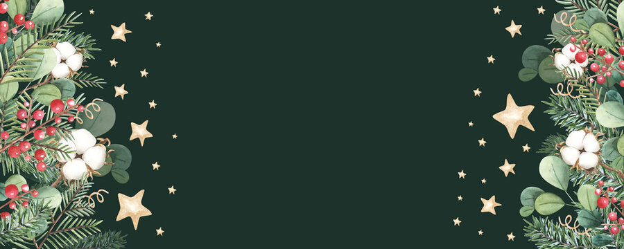 喜庆圣诞绿植、红色冬日浆果、雪松、祖母绿松树、云杉水彩边框。冬日时尚婚礼或新年派对邀请卡。手绘，深色绿底孤立。