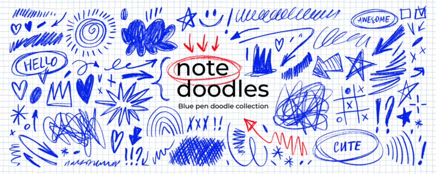 蓝色钢笔涂鸦和乱画作品集。网格笔记本背景上的蓝色钢笔线条、箭头和涂鸦。用于手绘图表、信息图和日记的蜡笔绘制便签涂鸦。