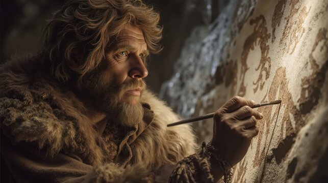 古代穴居艺术家使用原始工具创作史前洞穴壁画