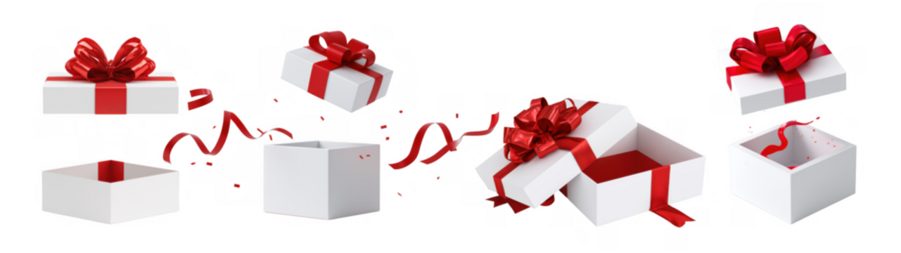 用于节日的用闪亮红丝带包装的礼物，由人工智能创建，PNG格式