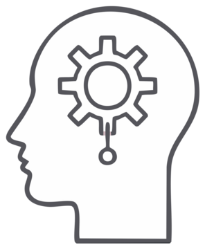 一个内部有齿轮的人类头部轮廓，齿轮代表思想、想法和思维。