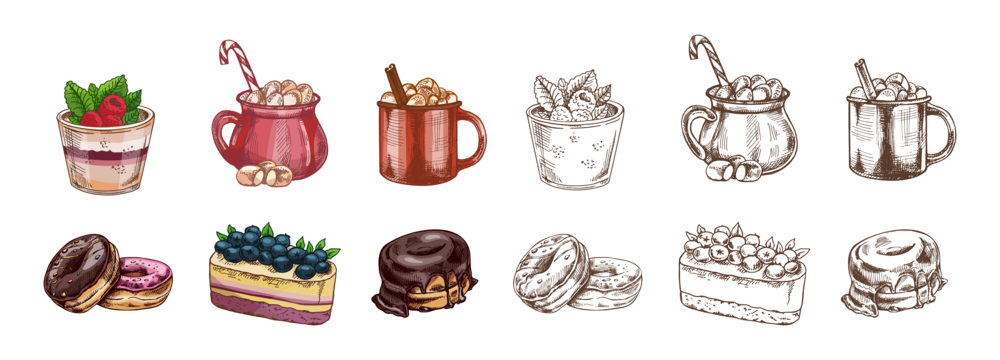 手绘复古风格华夫饼、甜甜圈和带棉花糖的热巧克力杯素描集，有彩色和单色版本