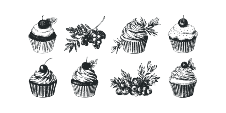 手绘纸杯蛋糕与浆果系列