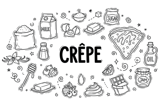 手绘风格的可丽饼食材与配料（含牛奶、糖、黄油和水果）