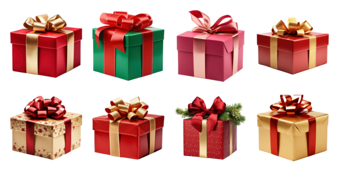 PNG格式的色彩缤纷的节日礼品盒元素集，透明背景