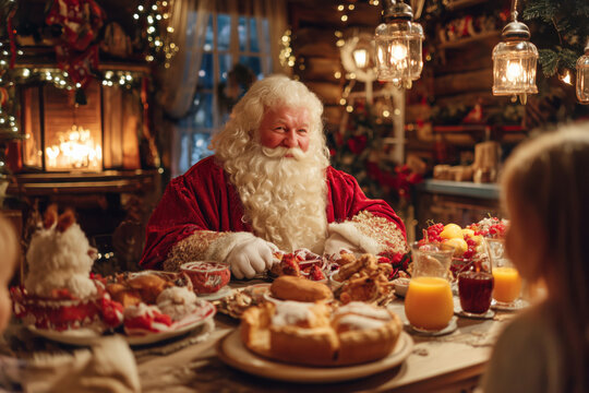 留着胡须的白人老年男子扮成圣诞老人，坐在摆满节日食物的喜庆餐桌旁，对着对面的白人小孩微笑