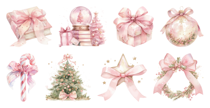 PNG 优雅淡彩圣诞装饰品合集，透明背景元素集