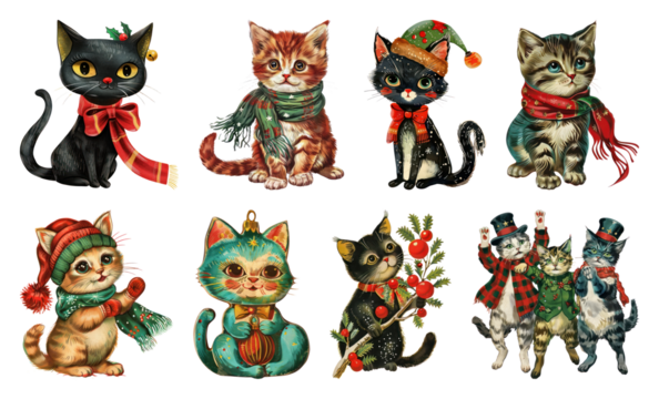 PNG格式复古节日猫咪，身着节日服饰，元素集于透明背景上