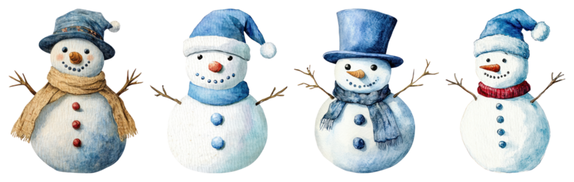 PNG格式迷人水彩雪人元素集，透明背景素材